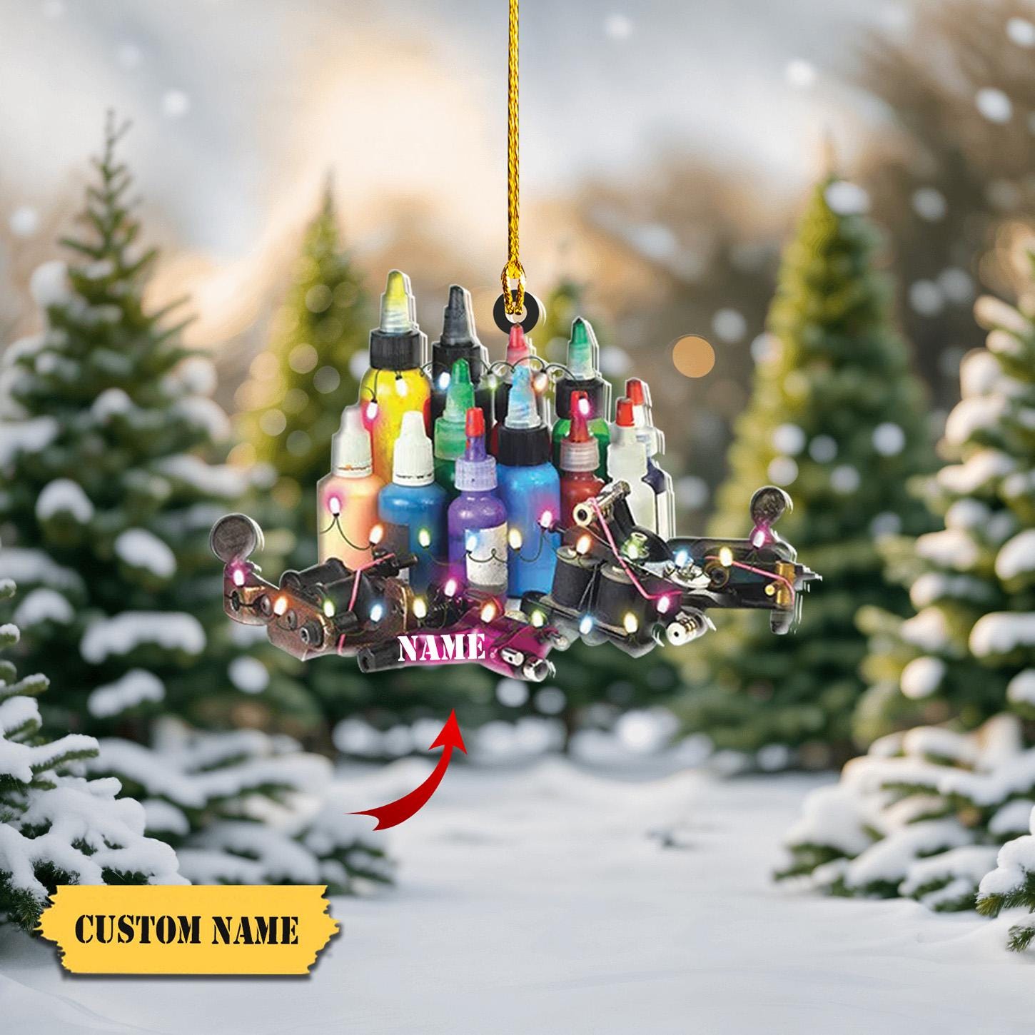 Personalized Tattoo Ink Ornament FLAT 2D, Christmas Ink and Machine Decor with Custom Name, Unique Holiday Gift for Tattoo Lovers HAOR0711