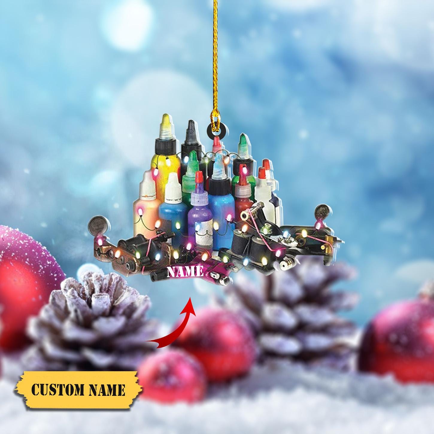 Personalized Tattoo Ink Ornament FLAT 2D, Christmas Ink and Machine Decor with Custom Name, Unique Holiday Gift for Tattoo Lovers HAOR0711