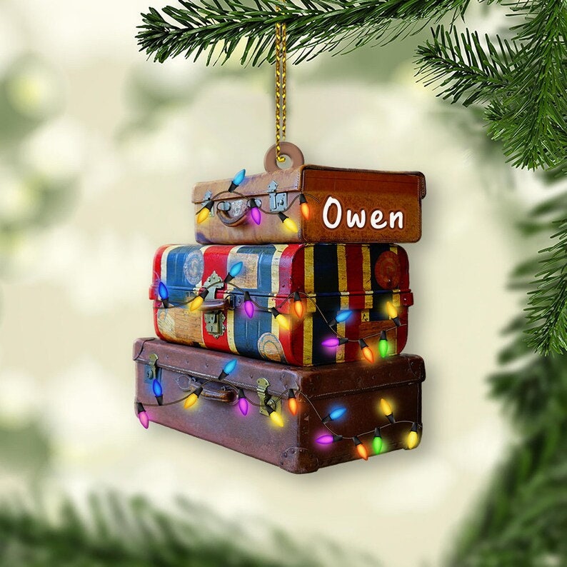 Personalized Travel Bag Ornament, Travel Suitcase Ornament, Travel Trunk Christmas Gift, Traveler Gift Beach Ornament, Camper Ornament ORH1710N