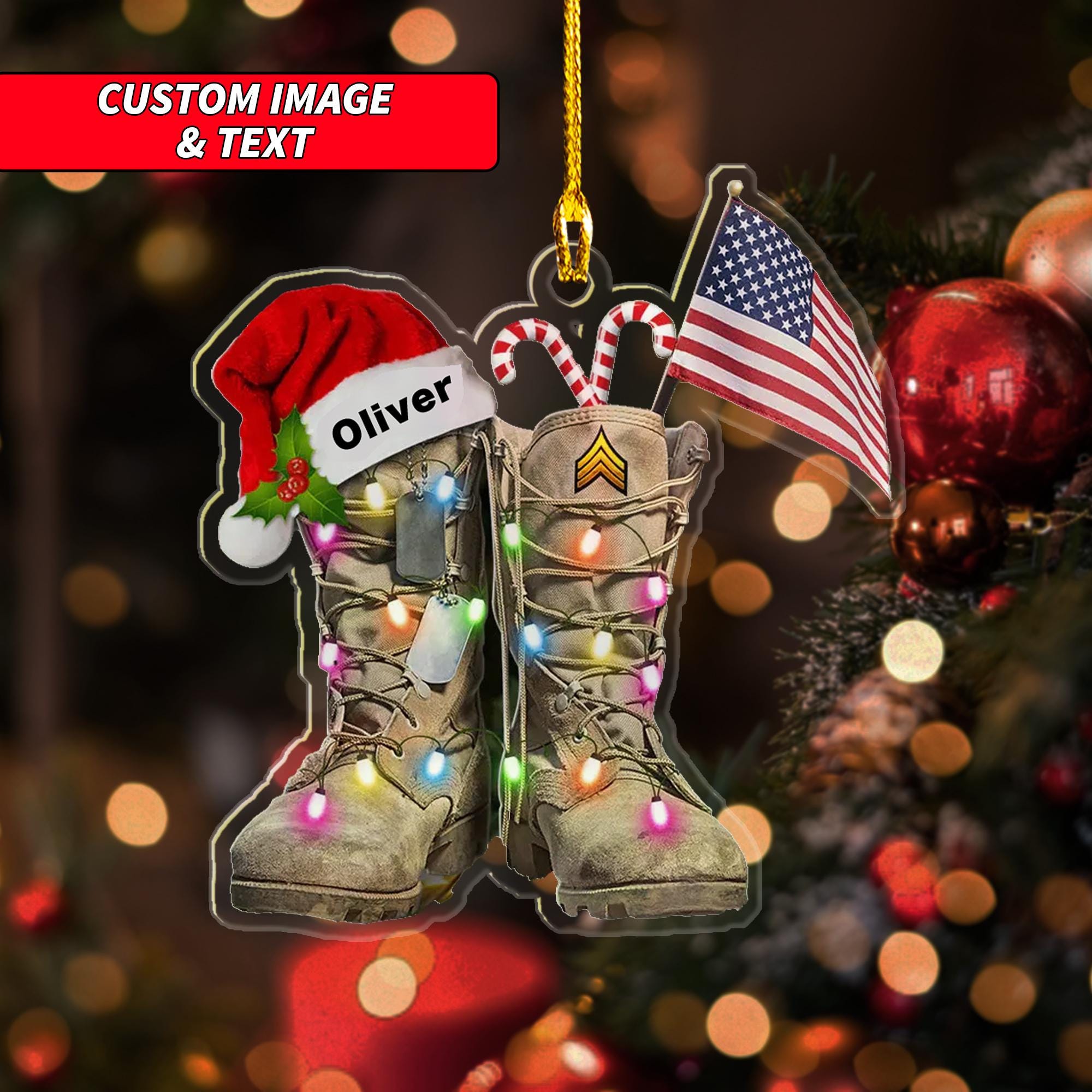 Personalized Veteran Boots With American Ornament, Custom Santa Hat Light Boots Ornament, 2D Flat Christmas Ornament, Boots Ornament ORNO5