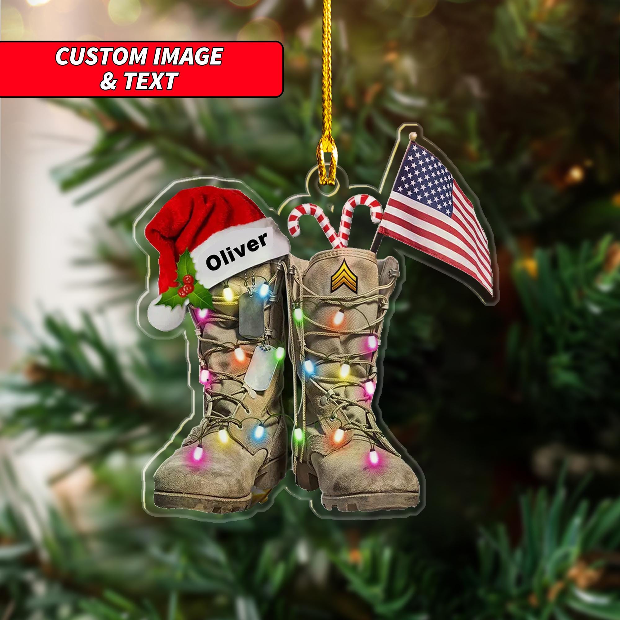 Personalized Veteran Boots With American Ornament, Custom Santa Hat Light Boots Ornament, 2D Flat Christmas Ornament, Boots Ornament ORNO5