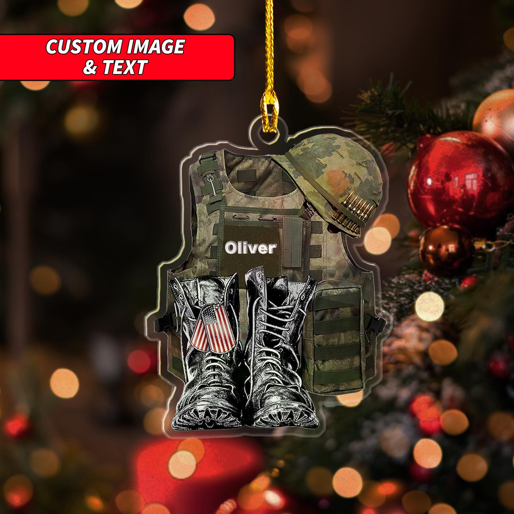Personalized Veteran Equipment Ornament, Custom Military Equipment Flat Acrylic Ornament, 2D Flat Military Uniform Vest Boot Hat Ornament ORNO5