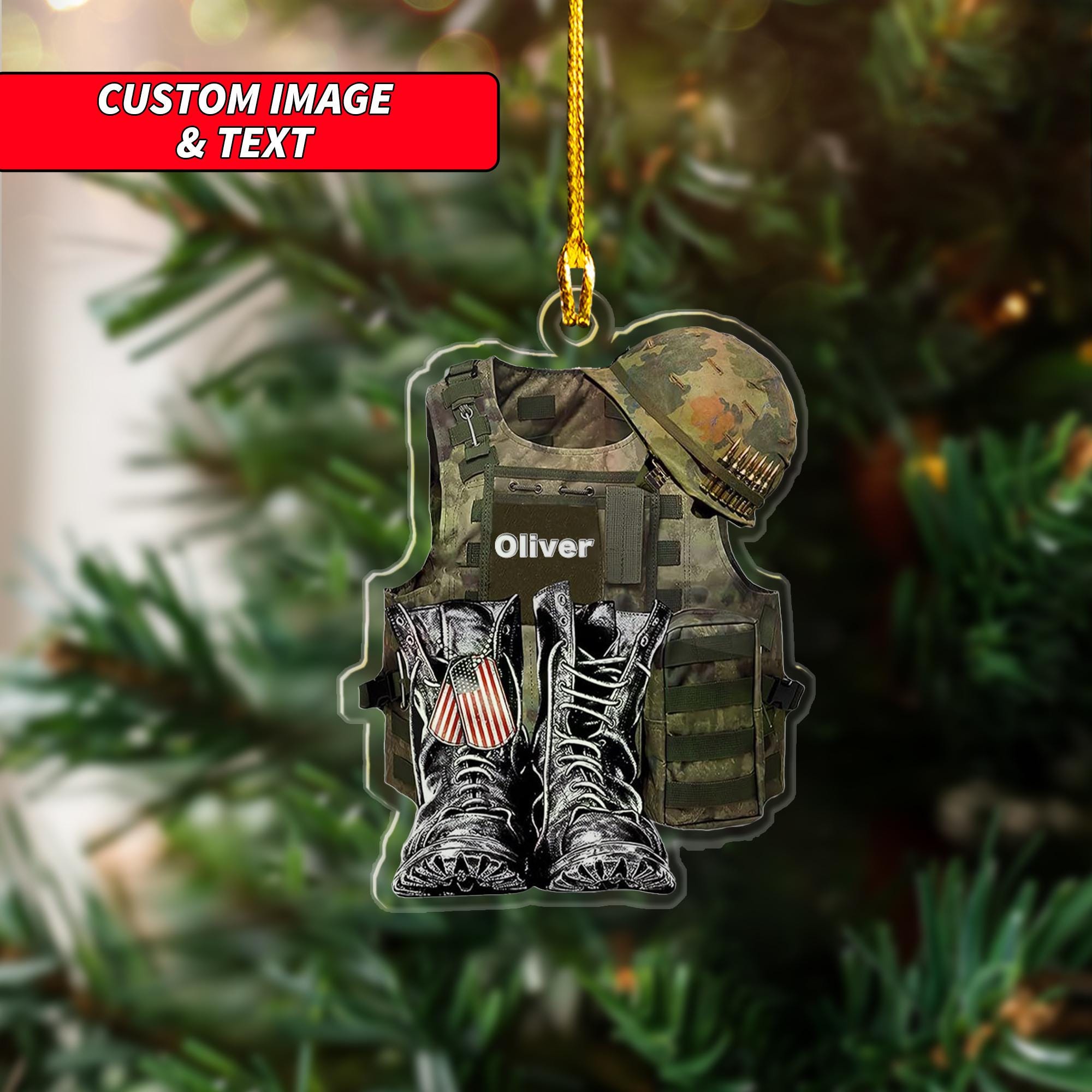 Personalized Veteran Equipment Ornament, Custom Military Equipment Flat Acrylic Ornament, 2D Flat Military Uniform Vest Boot Hat Ornament ORNO5