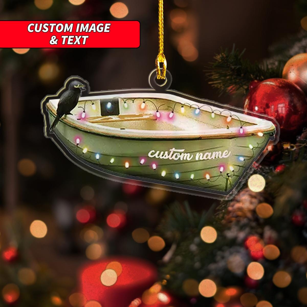 Personalized Watercraft Row Boating With Christmas Light Christmas Ornament, Rowboat Christmas Ornament, Custom Name Acrylic Ornament ORNO5