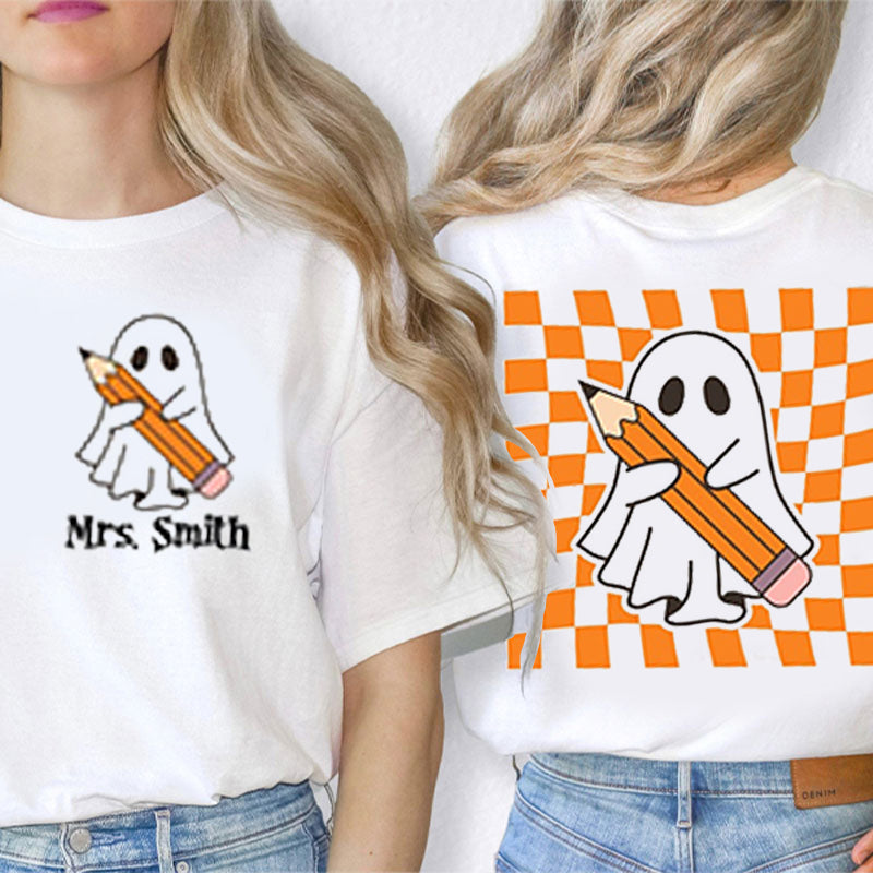 Personalized Name Cute Ghost Teacher Two Sided T-Shirt 2MAT88