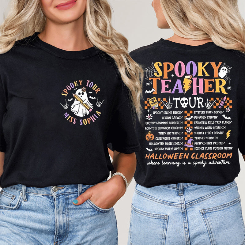 Personalized Name Spooky Teacher Tour Teacher Two Sided T-Shirt 2MAT88