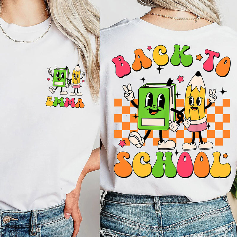 Personalized Name We Back To School Notebook Pencil Icon Teacher Two Sided T-Shirt 2MAT88
