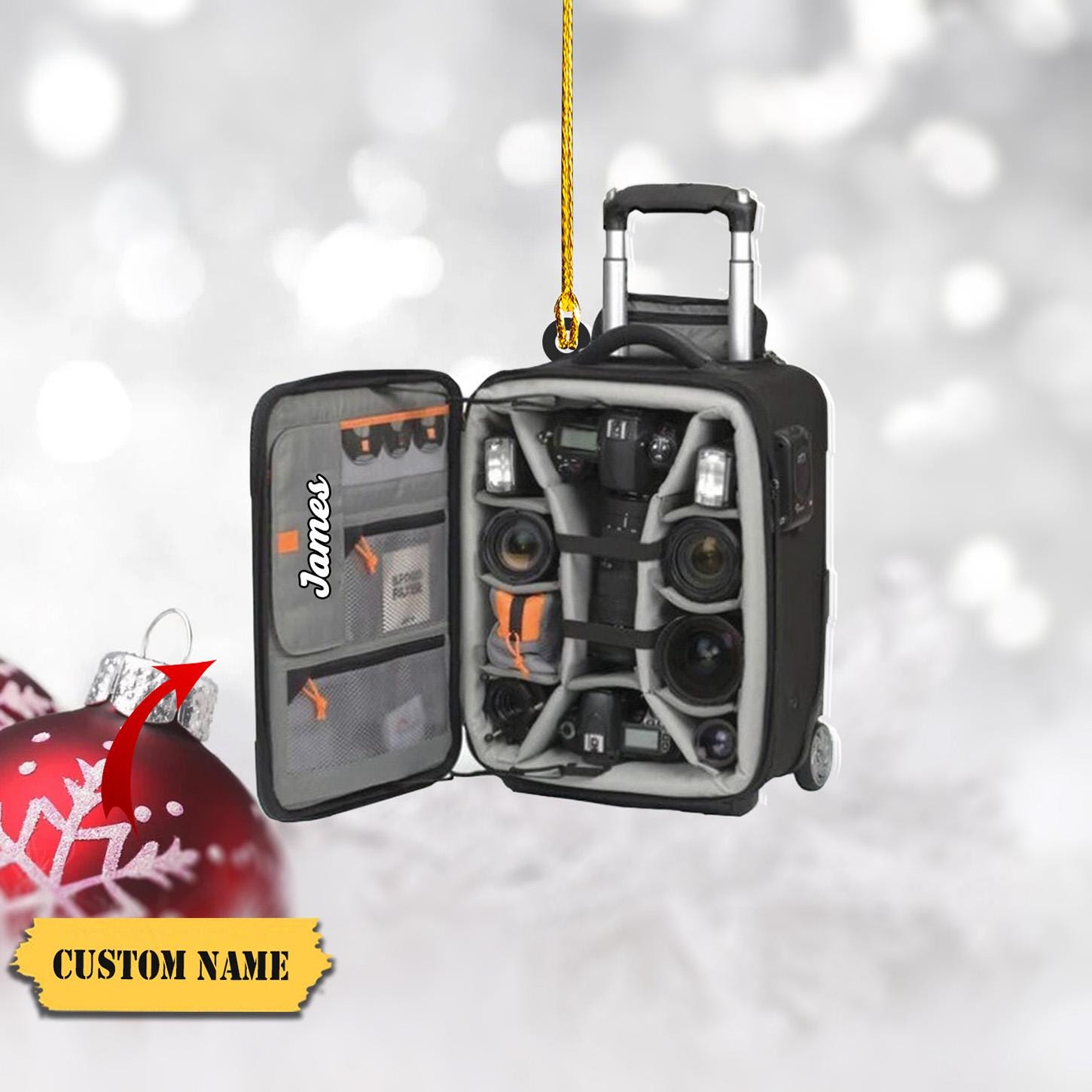 Photography Equipment Ornament FLAT 2D, Camera Bag with Custom Name, Photography Lover Christmas Decoration Perfect Gift for Photographers HAOR0711