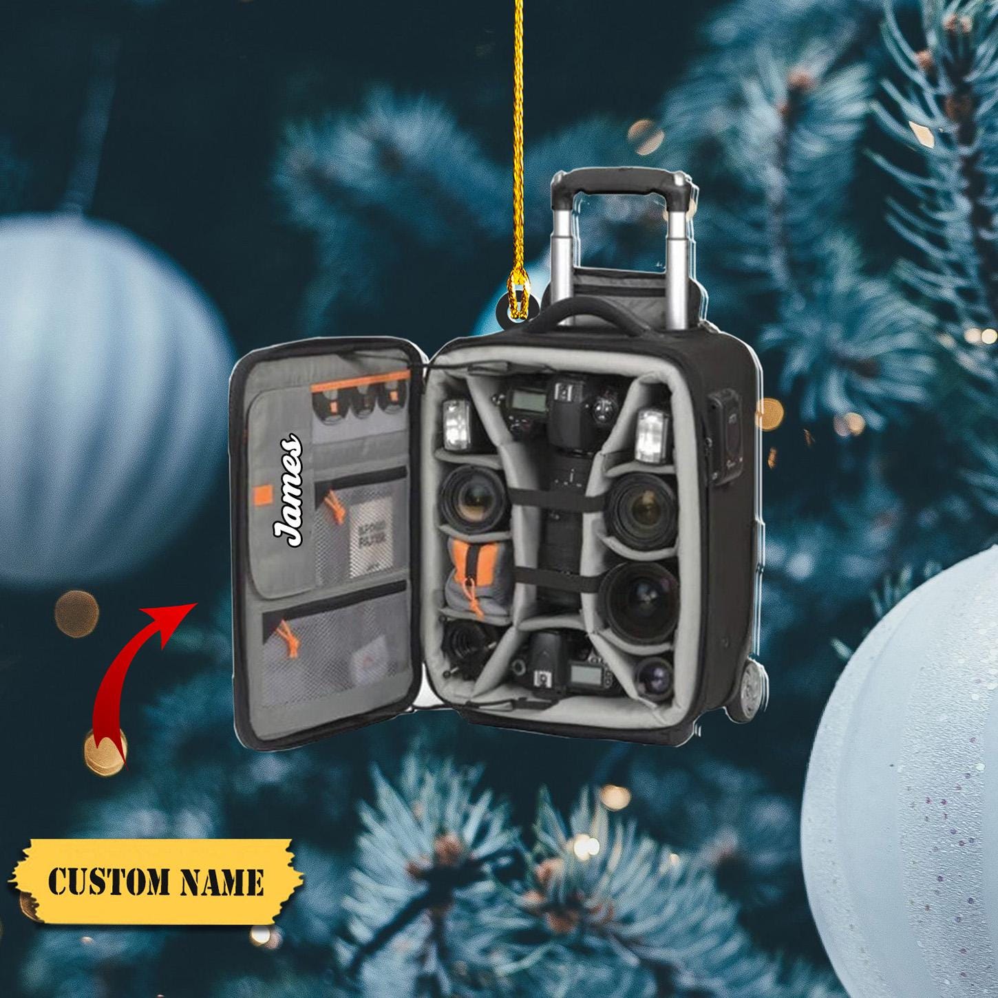 Photography Equipment Ornament FLAT 2D, Camera Bag with Custom Name, Photography Lover Christmas Decoration Perfect Gift for Photographers HAOR0711