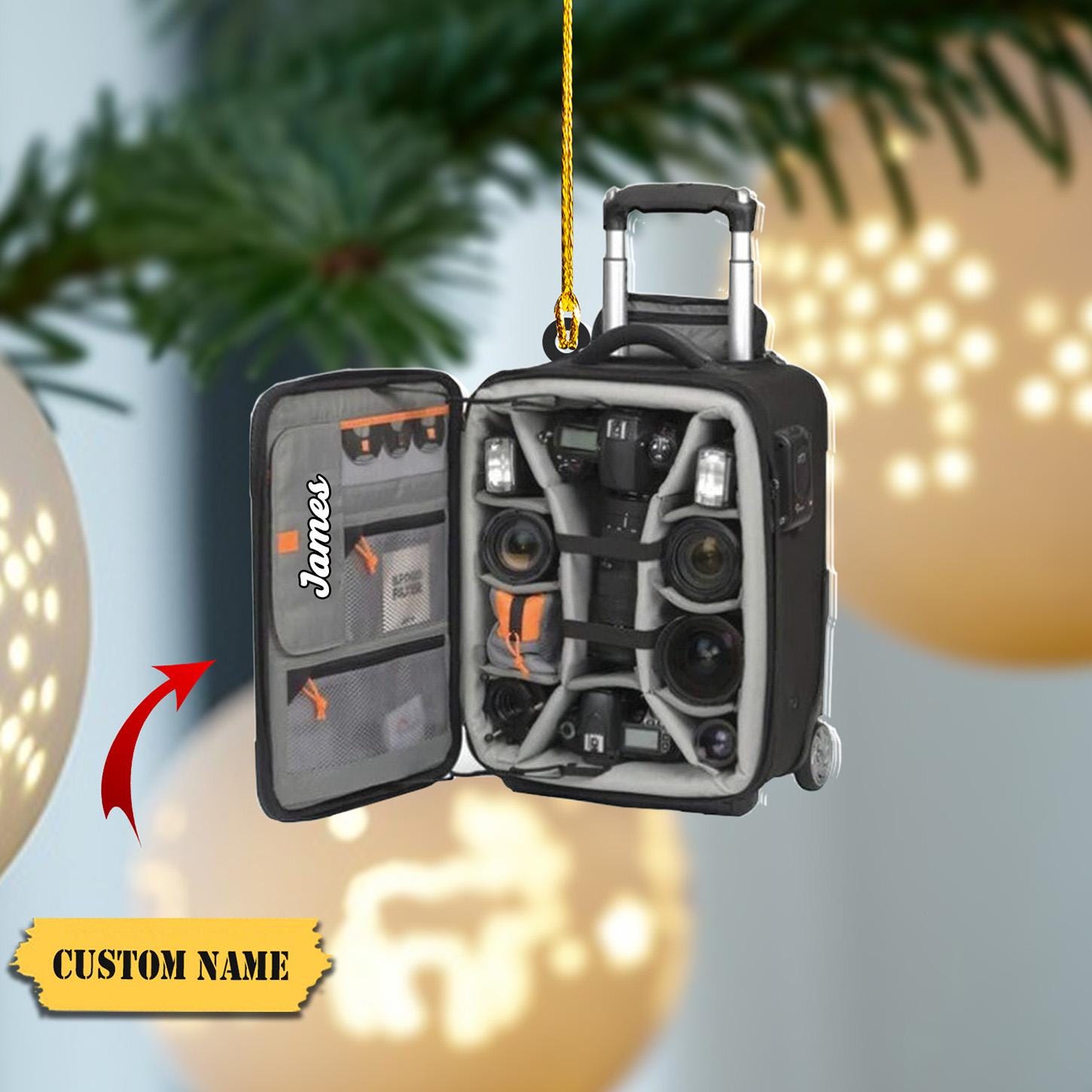 Photography Equipment Ornament FLAT 2D, Camera Bag with Custom Name, Photography Lover Christmas Decoration Perfect Gift for Photographers HAOR0711