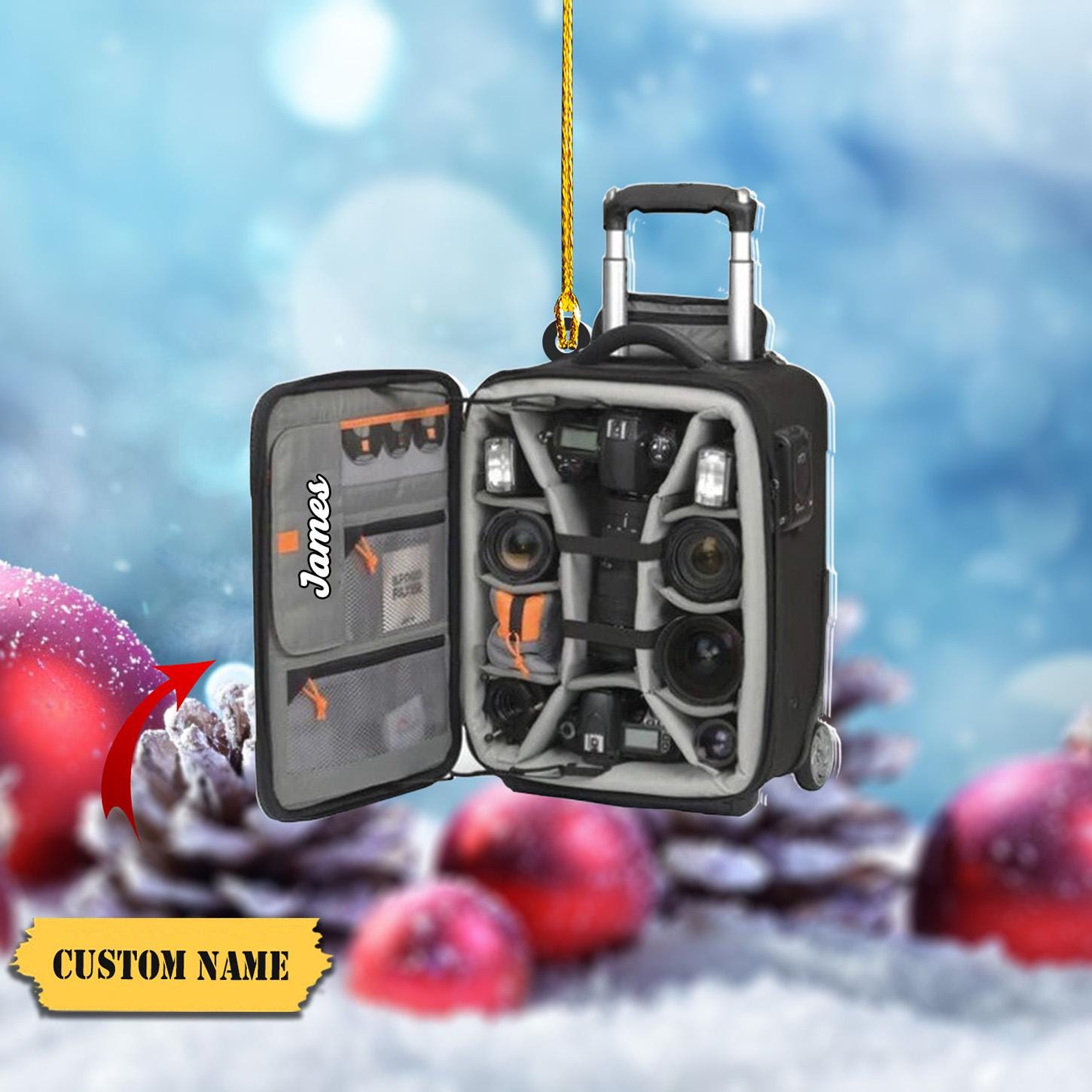 Photography Equipment Ornament FLAT 2D, Camera Bag with Custom Name, Photography Lover Christmas Decoration Perfect Gift for Photographers HAOR0711