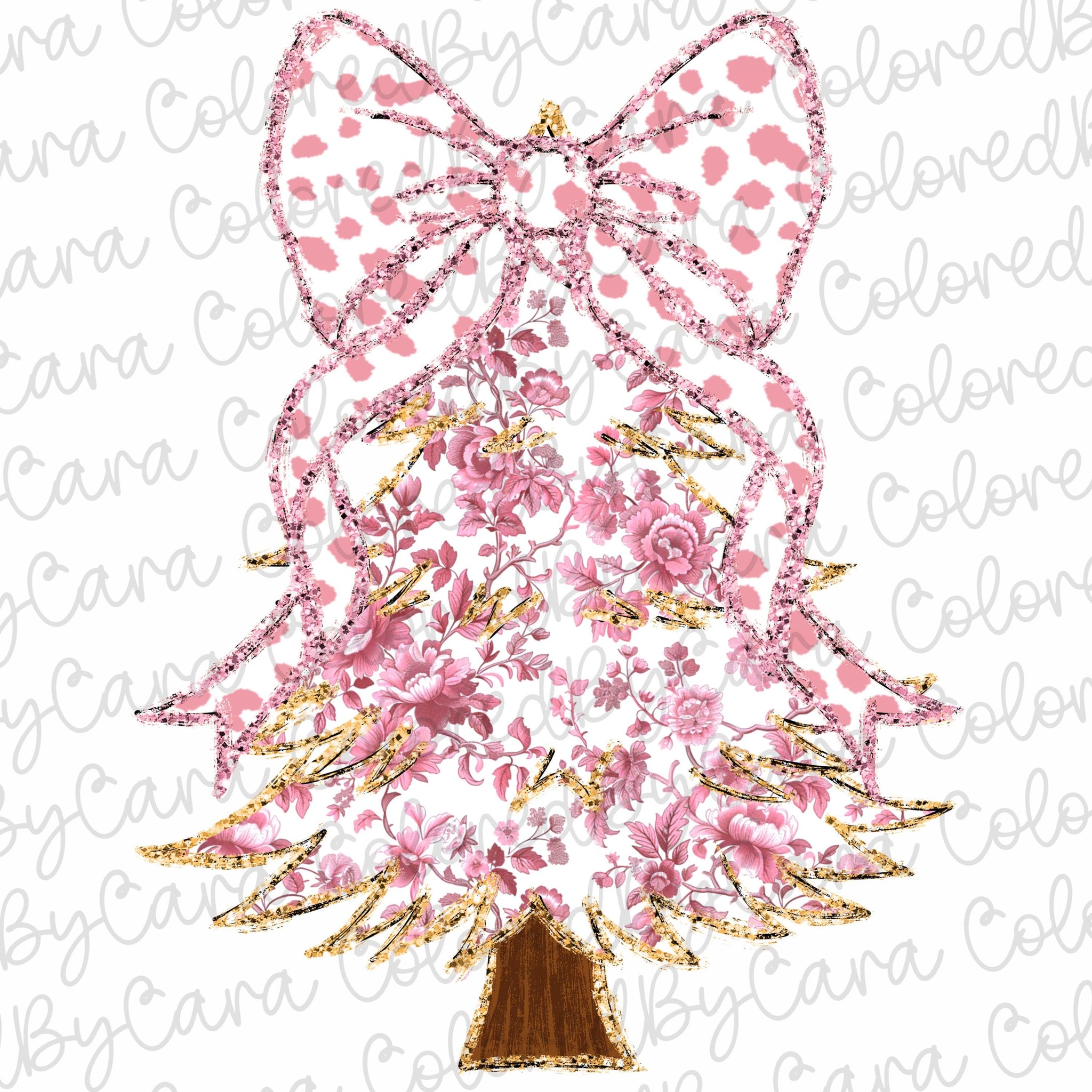 Pink Grand millennial Coquette gold glitter Christmas tree chinoiserie png girls christmas design dtf bow acrylic brushstroke pink Christmas SCU
