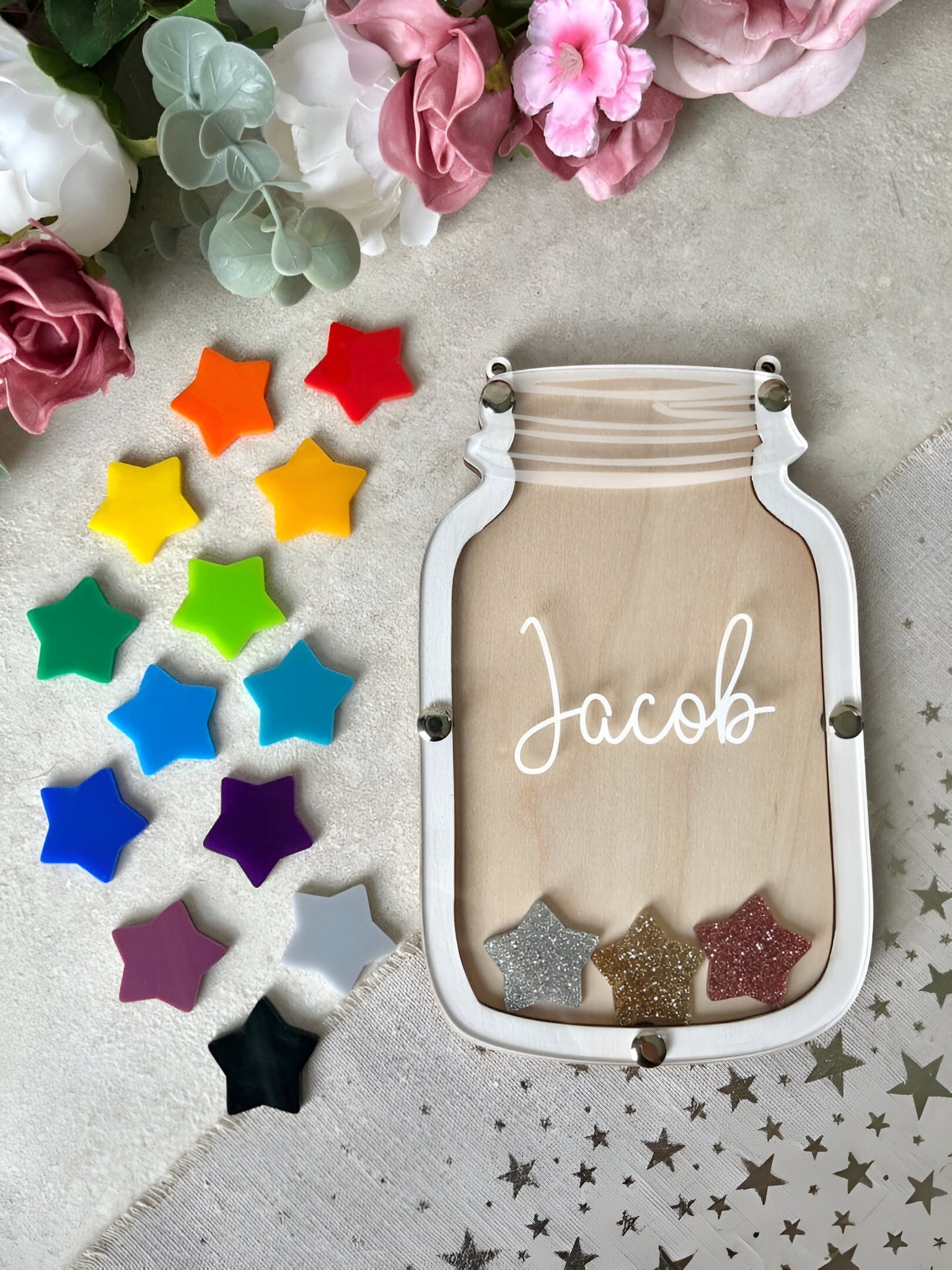 Children's Personalised Reward Jar with Bright and Glitter Star Tokens for Good Behaviour REJAR