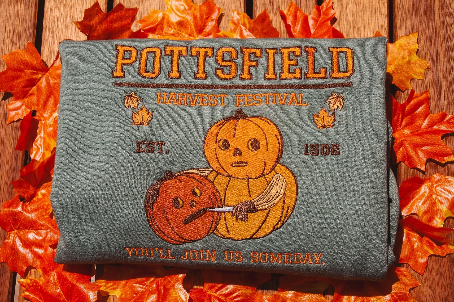 Pottsfield Harvest Festival Pumpkin Carver Embroidered Sweater inspired by Over The Garden Wall - Fall Autumn Halloween Shirt EMHA2408