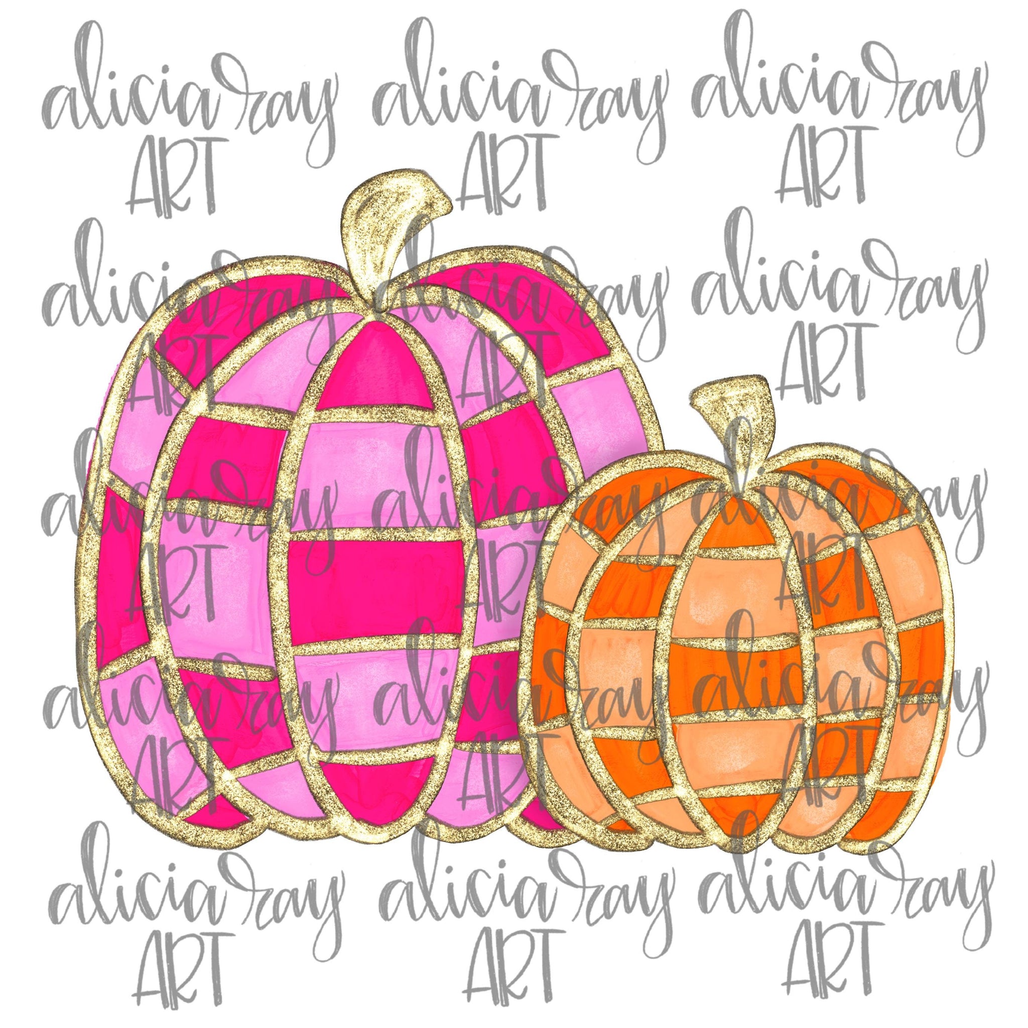 Preppy Checkered Pumpkins Sublimation DTF Design PNG Digital Download  Hand Drawn Printable Art  Pink and Orange  Glitter  Gold SCU