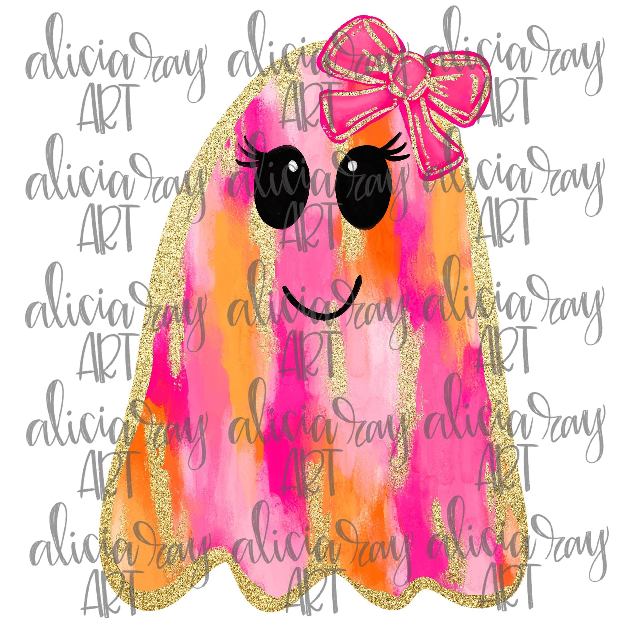 Preppy Ghost Sublimation DTF Design PNG Digital Download  Hand Drawn Printable Art  Bow  Spooky  Pink and Orange  Glitter  Gold SCU