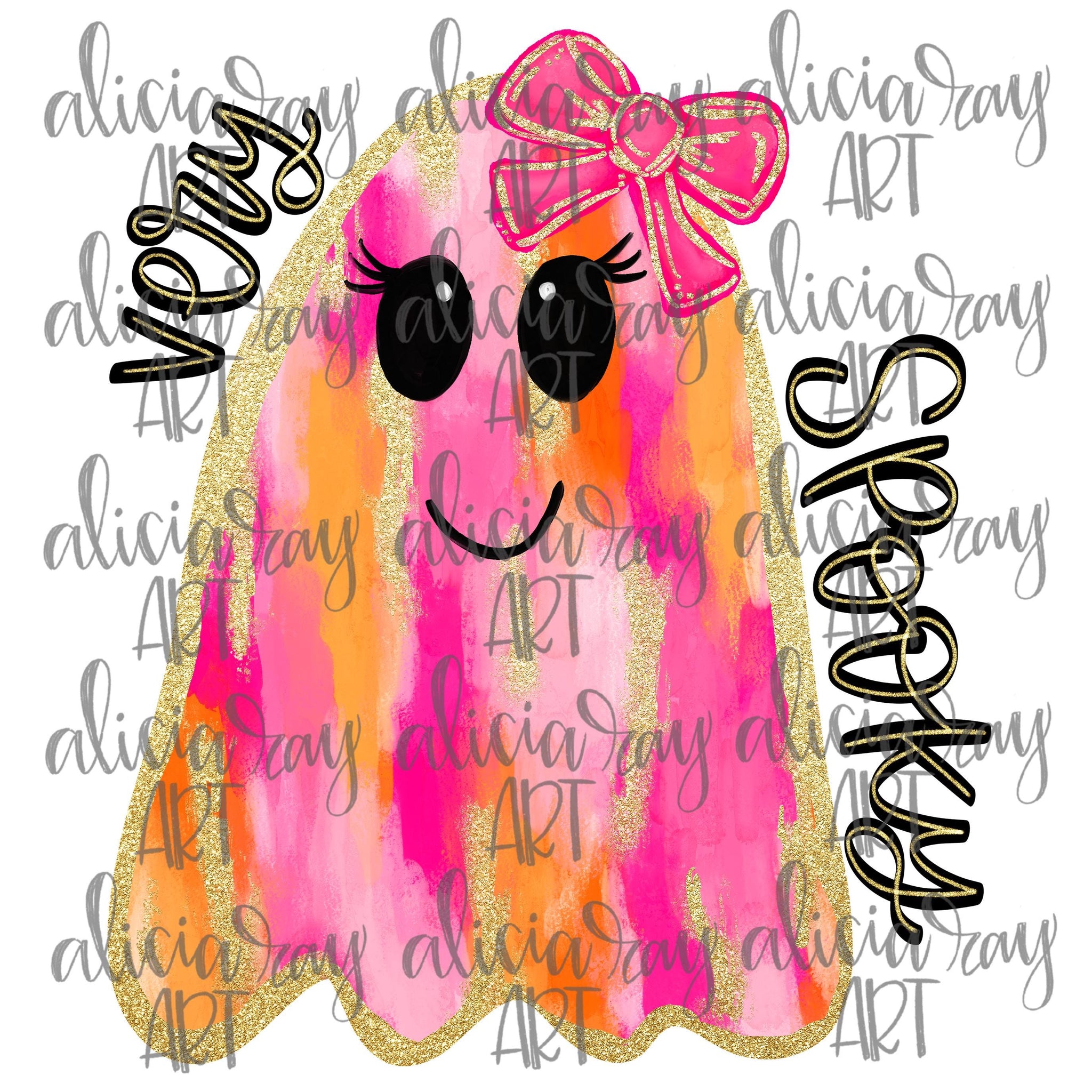 Preppy Ghost Sublimation DTF Design PNG Digital Download  Hand Drawn Printable Art  Bow  Very Spooky  Pink and Orange  Glitter  Gold SCU