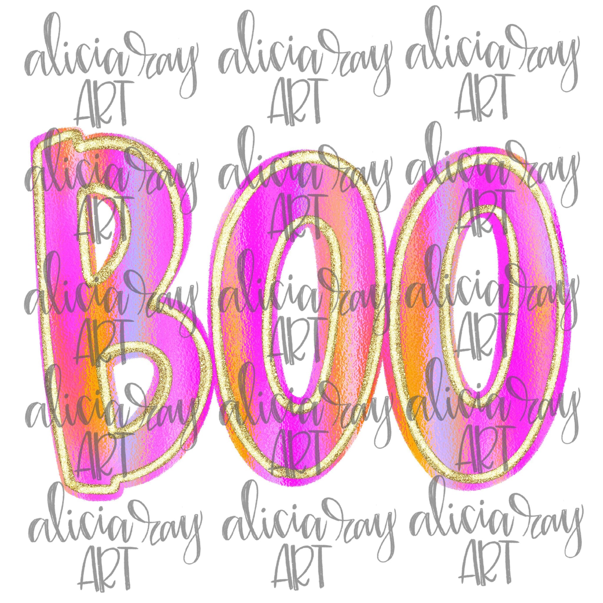 Preppy Holographic Boo Sublimation DTF Design PNG Digital Download  Hand Drawn Printable Art  Pink and Orange  Glitter  Gold SCU