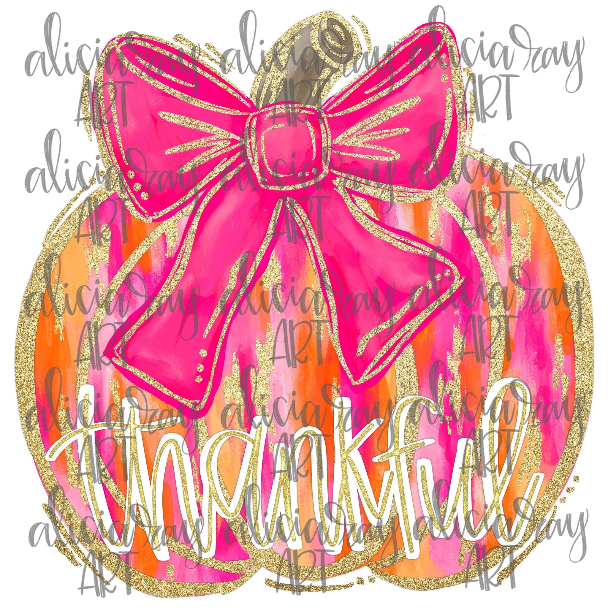Preppy Pumpkin Sublimation DTF Design PNG Digital Download  Hand Drawn Printable Art  Bow  Thankful  Pink and Orange  Glitter  Gold SCU