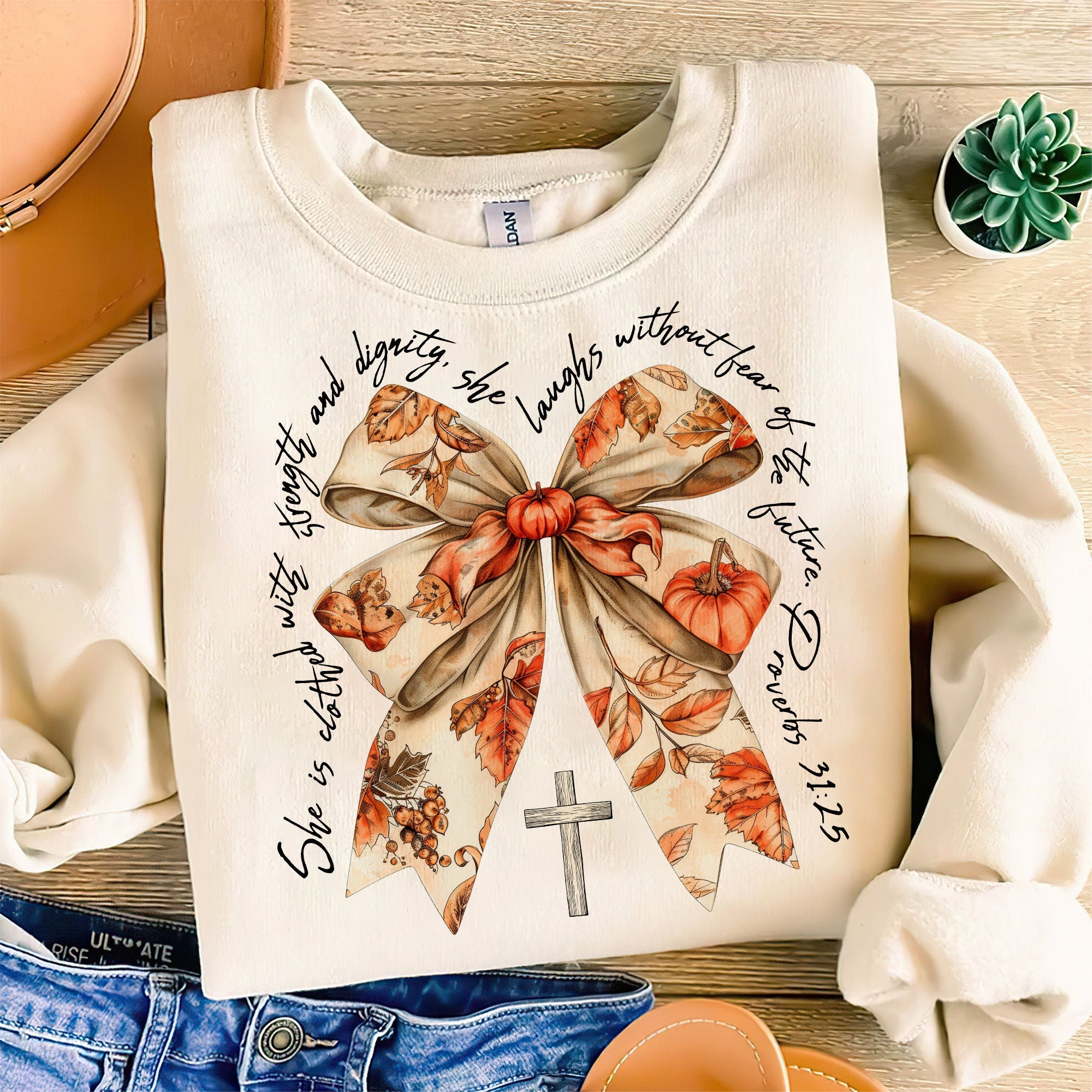Proverbs She is Clothed with Strength Coquette Bow Fall Vibes Png, Fall For Jesus Png, Autumn Png, Thanksgiving Png, Fall Coquette Bow Png SCU