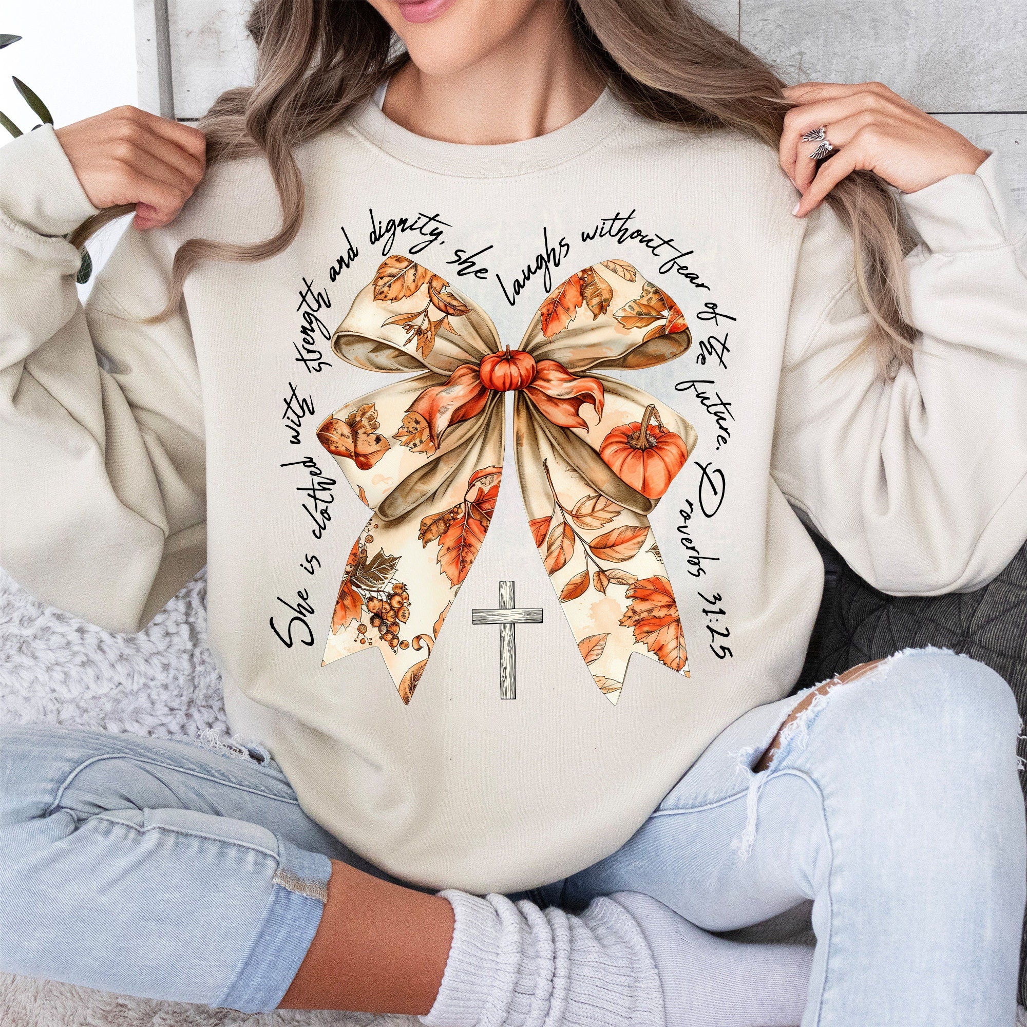 Proverbs She is Clothed with Strength Coquette Bow Fall Vibes Png, Fall For Jesus Png, Autumn Png, Thanksgiving Png, Fall Coquette Bow Png SCU