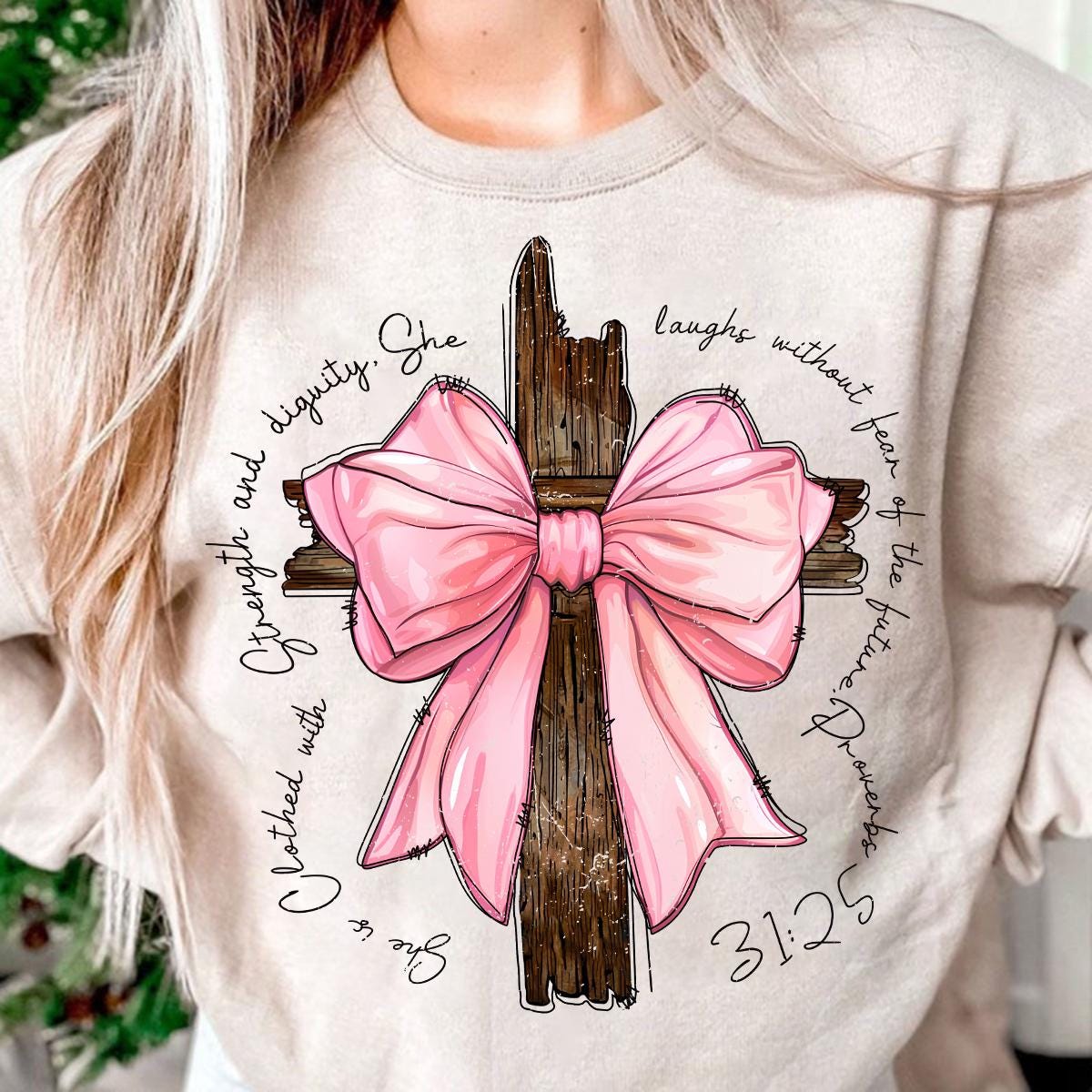 Proverbs She is Clothed with Strength Coquette Bow Light Pink PNG, Preppy Design, Coquette Bow Design, Bible Verse Png, Christian girls SCU