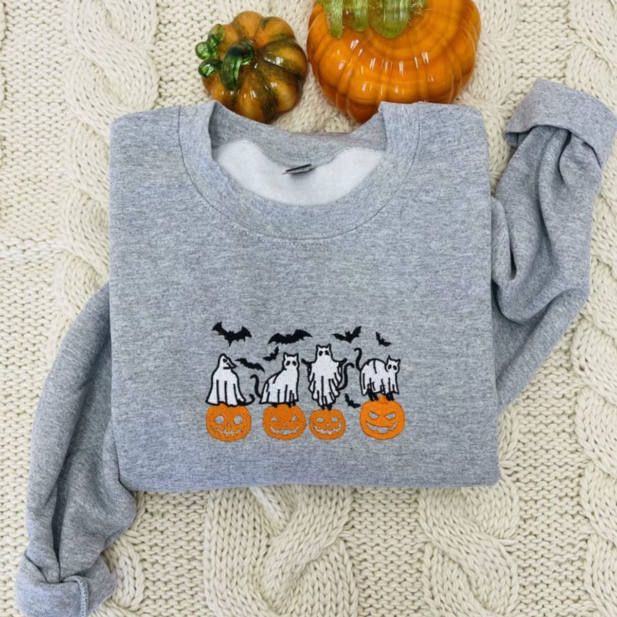 Pumpkin, Bats, Cats Ghost Sweatshirt or Hoodie Embroidered for Halloween EMHA2608