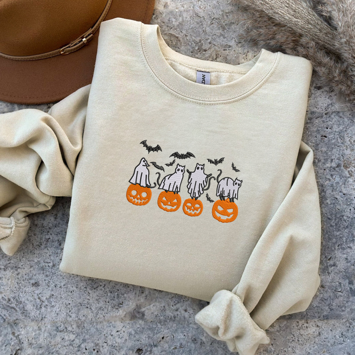 Pumpkin, Bats, Cats Ghost Sweatshirt or Hoodie Embroidered for Halloween EMHA2608