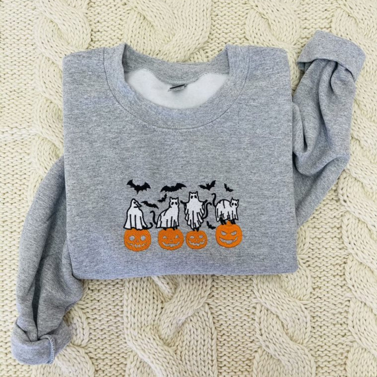 Pumpkin, Bats, Cats Ghost Sweatshirt or Hoodie Embroidered for Halloween EMHA2608