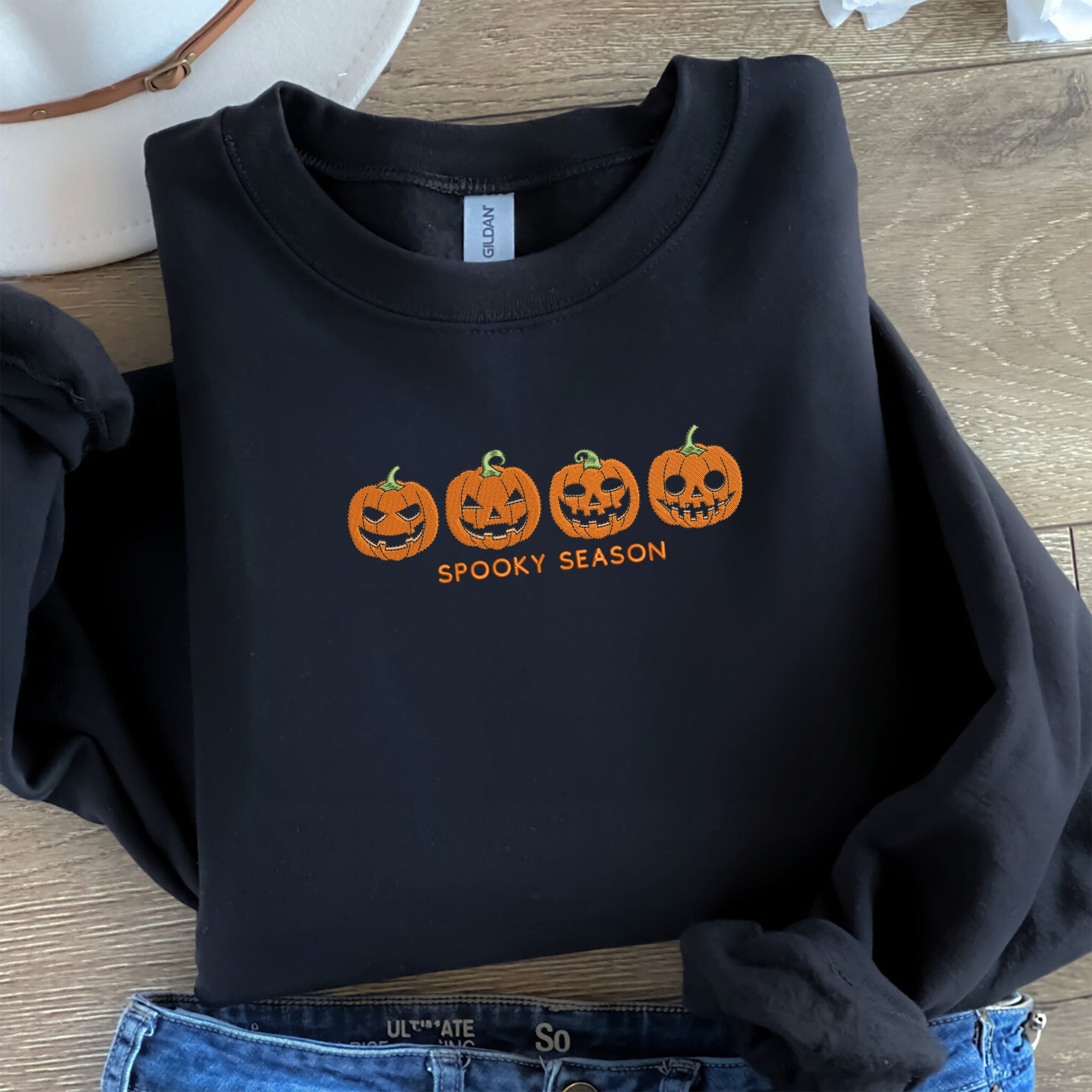Pumpkin Sweatshirt, Fall Spooky Season Crewneck Embroidered for Halloween EMHA2608