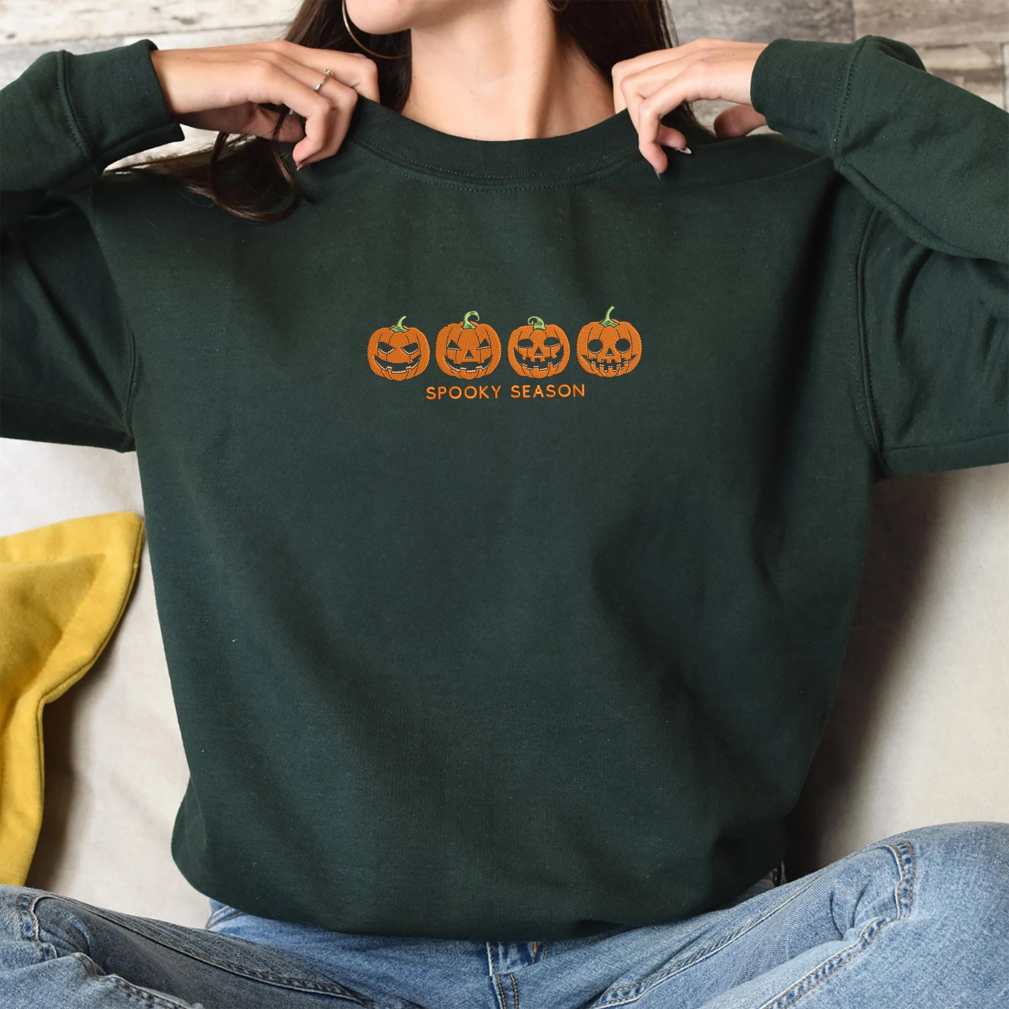 Pumpkin Sweatshirt, Fall Spooky Season Crewneck Embroidered for Halloween EMHA2608