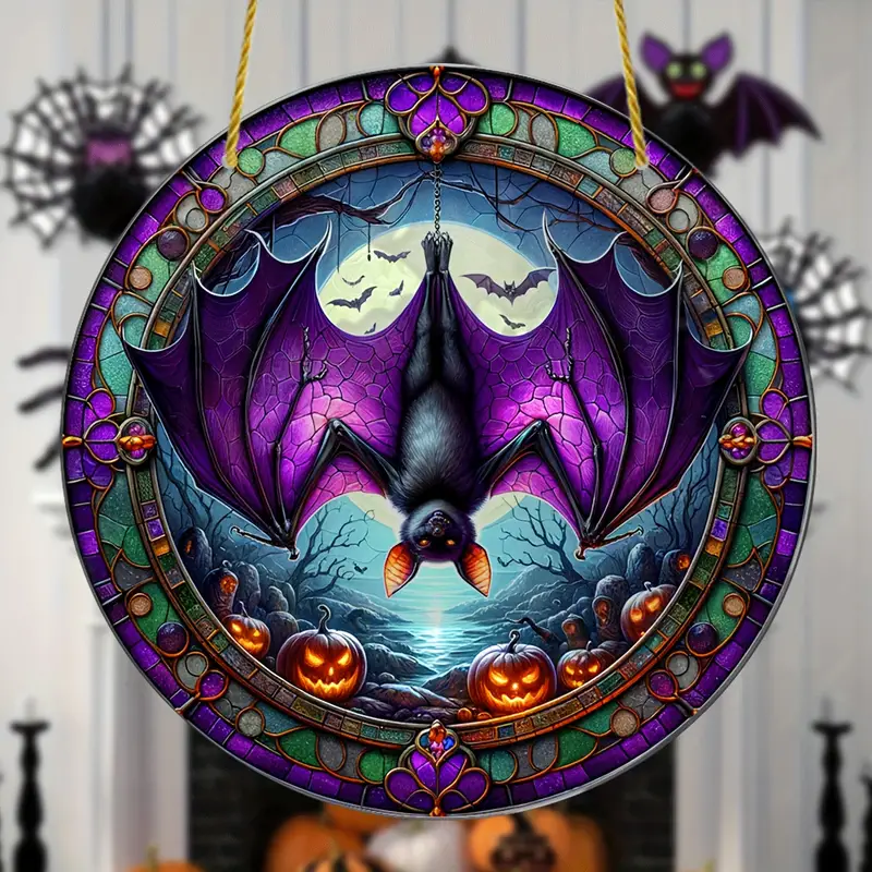 Gothic Bat Acrylic Suncatcher 8 Inch - Glam Round Hanging Ornament for Halloween, Bachelor Party - No Electricity, Featherless Wall, Window, Porch Decor - Universal, Day of the Dead, Fall Holiday ORHA2608