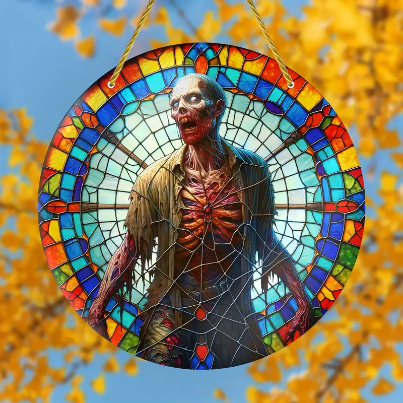 Halloween Suncatcher - 8x8 Zombie Decoration Horror Theme Art - High-Quality Wall Hanging for Indoor & Outdoor Decor, Ideal for Patio, Office, Bedroom, and Home - Unique Birthday or Housewarming Gift ORHA2408