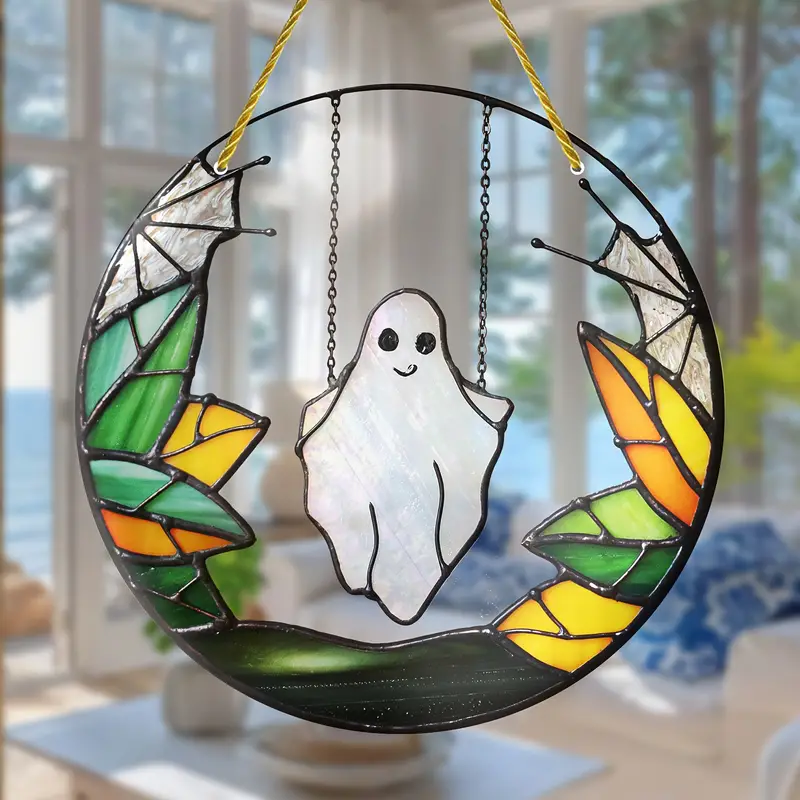 Halloween Stained Glass Suncatcher - 8 Ghost Design with Autumn Leaves - Versatile Hanging Decoration for Home, Office, and Outdoor Spaces - High Quality Material - Ideal Gift for Spooky Themed Decor ORHA2408
