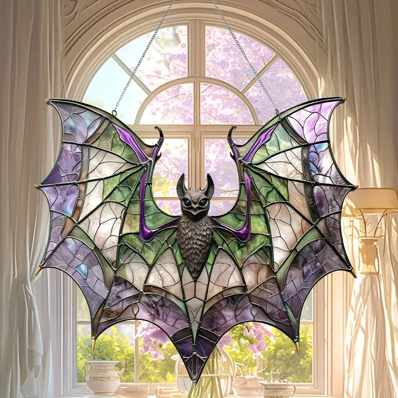 Contemporary Acrylic Bat Suncatcher, 8x7.3 - StainGlass Style Hanging Ornament for Window, Versatile Halloween Decor, Home Wall Art, Housewarming Gift, Wreath Centerpiece Accessory - Waterproof, Solvent ORHA2608