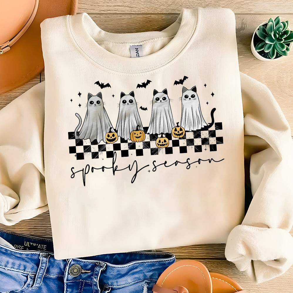 Retro Ghost Cat T-shirt, Spooky Season T-shirt, Halloween Ghost Cat T-shirt, Halloween Pumpkin Cat T-shirt