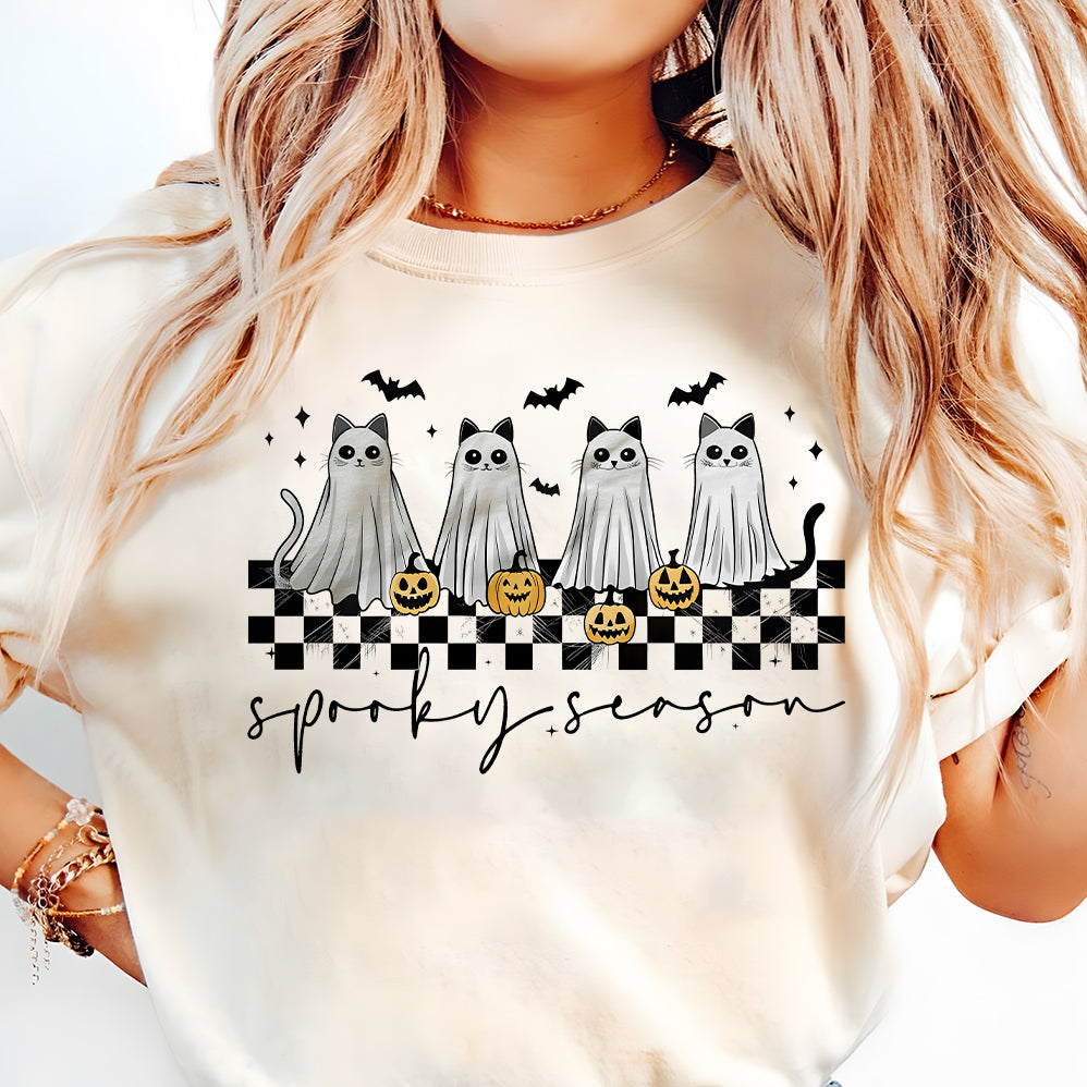 Retro Ghost Cat T-shirt, Spooky Season T-shirt, Halloween Ghost Cat T-shirt, Halloween Pumpkin Cat T-shirt