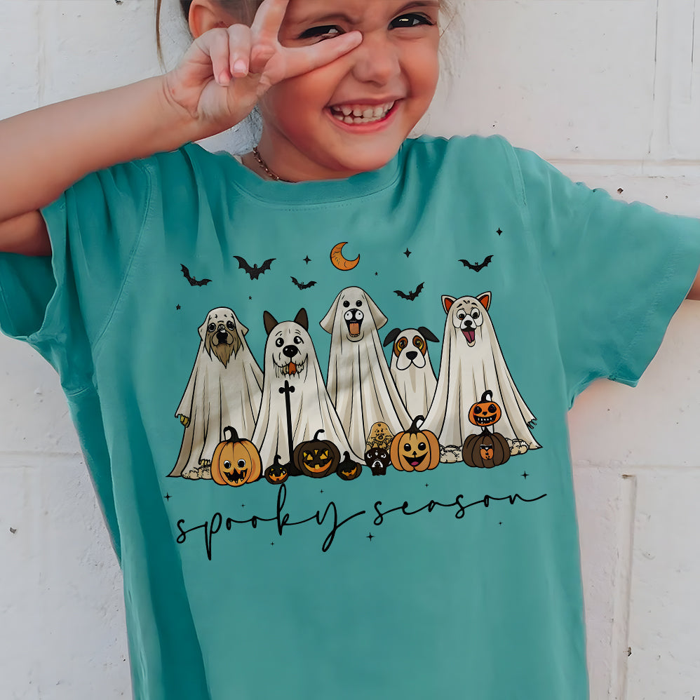 Retro Ghost Dog T-shirt, Spooky Season T-shirt, Halloween Ghost Dog T-shirt, Halloween Pumpkin Dog T-shirt