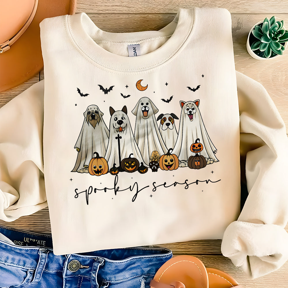 Retro Ghost Dog T-shirt, Spooky Season T-shirt, Halloween Ghost Dog T-shirt, Halloween Pumpkin Dog T-shirt