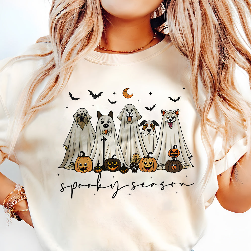 Retro Ghost Dog T-shirt, Spooky Season T-shirt, Halloween Ghost Dog T-shirt, Halloween Pumpkin Dog T-shirt
