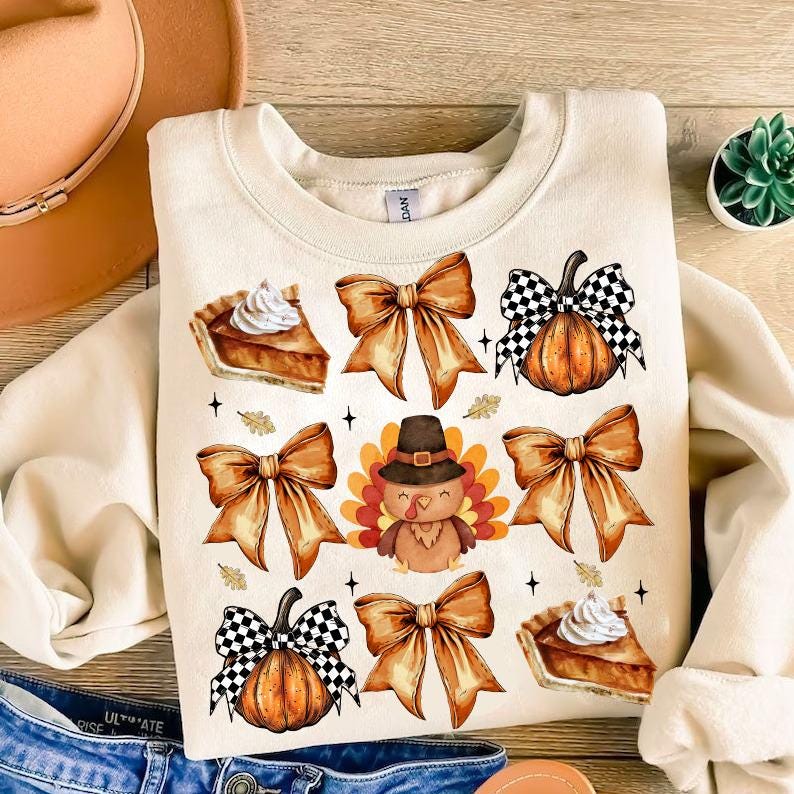 Retro Thanksgiving Png, Retro Fall Pumpkin Bow Png, Fall Coquette Bow PNG, Turkey Shirt Png, Autumn Girly Png,Girl Autumn Sublimation Design SCU