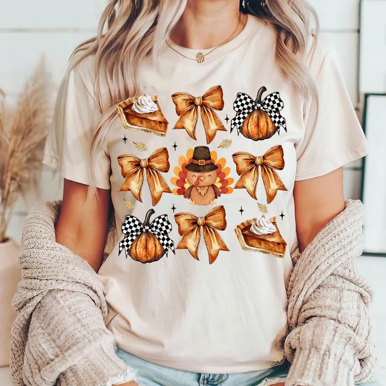 Retro Thanksgiving Png, Retro Fall Pumpkin Bow Png, Fall Coquette Bow PNG, Turkey Shirt Png, Autumn Girly Png,Girl Autumn Sublimation Design SCU