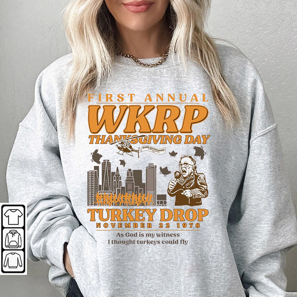 Retro Thanksgiving WKRP Turkey Drop T-Shirt, Sweatshirt, Hoodie - First Annual WKRP Thanksgiving Day Cincinnati OH Shirts