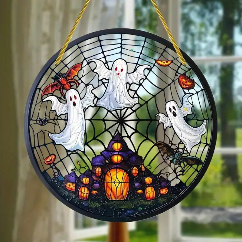 [Halloween] Spooky Ghost Suncatcher Single-sided Acrylic Decor- Acrylic Window Hanging, Round Sign For Halloween Decor, Housewarming Gift, Wreath Centerpiece, Perfect For Windows, Porches, And Home Hallow ORHA2408