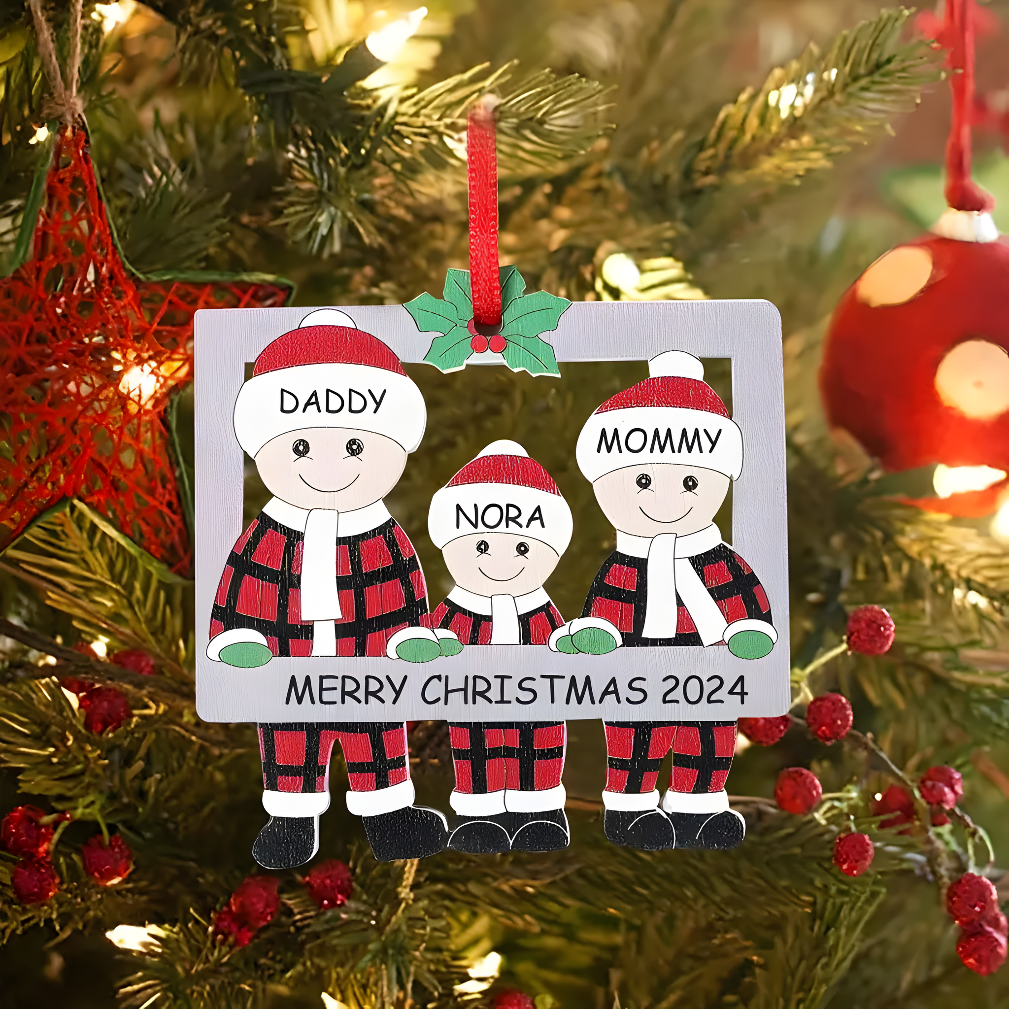 Personalized Wooden Christmas Tree Ornament - Custom Family Name Holiday Decoration - Seasonal Wood Craft - Merry Christmas & New Year's Hanging Decor ORN2709