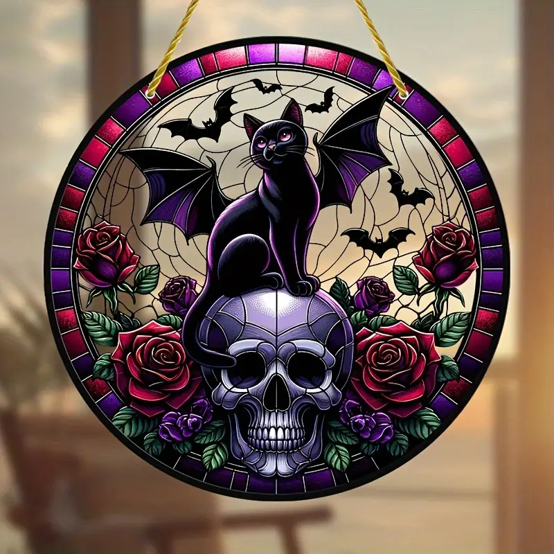 Black Cat and Skull Suncatcher, Acrylic Stained Glass Window Hanging 8x8, Halloween Decor, Skeleton Wall Art, GardenYardRoom Decoration, IndoorOutdoor Use, Festival & Party Decor, Home Ornament - Round Sh ORHA2408