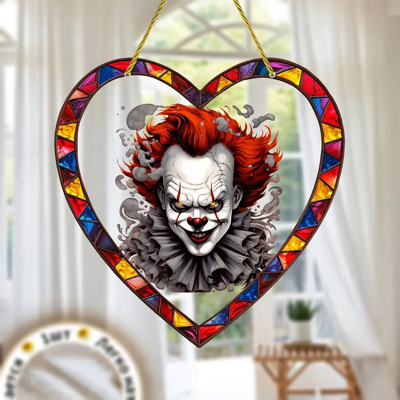 Clown-Themed Horror Suncatcher - Acrylic Sign, Heart-Shaped Stained Glass Window Hanging, 8x8 Inches, Halloween Decoration for Wall, Room, Window, Bedroom, Festive Party Decor, Unique Gift for Friends and ORHA2408