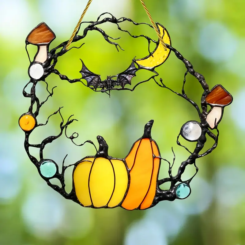 Halloween Suncatcher - Horror Themed Plastic Pumpkin Bat Moon Design, Stained Glass Style Acrylic Transparent Window Hanging Decor, Multipurpose Home & Wall Decoration, Ideal for Seasonal & Housewarming ORHA2408