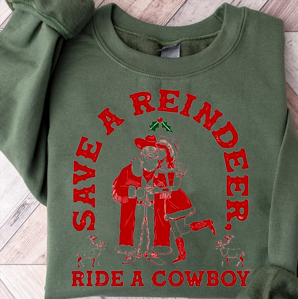 Save A Reindeer Ride A Cowboy Ugly Sweater Christmas 2024 t-shirt, Sweatshirt, Hoodie And Tank Top
