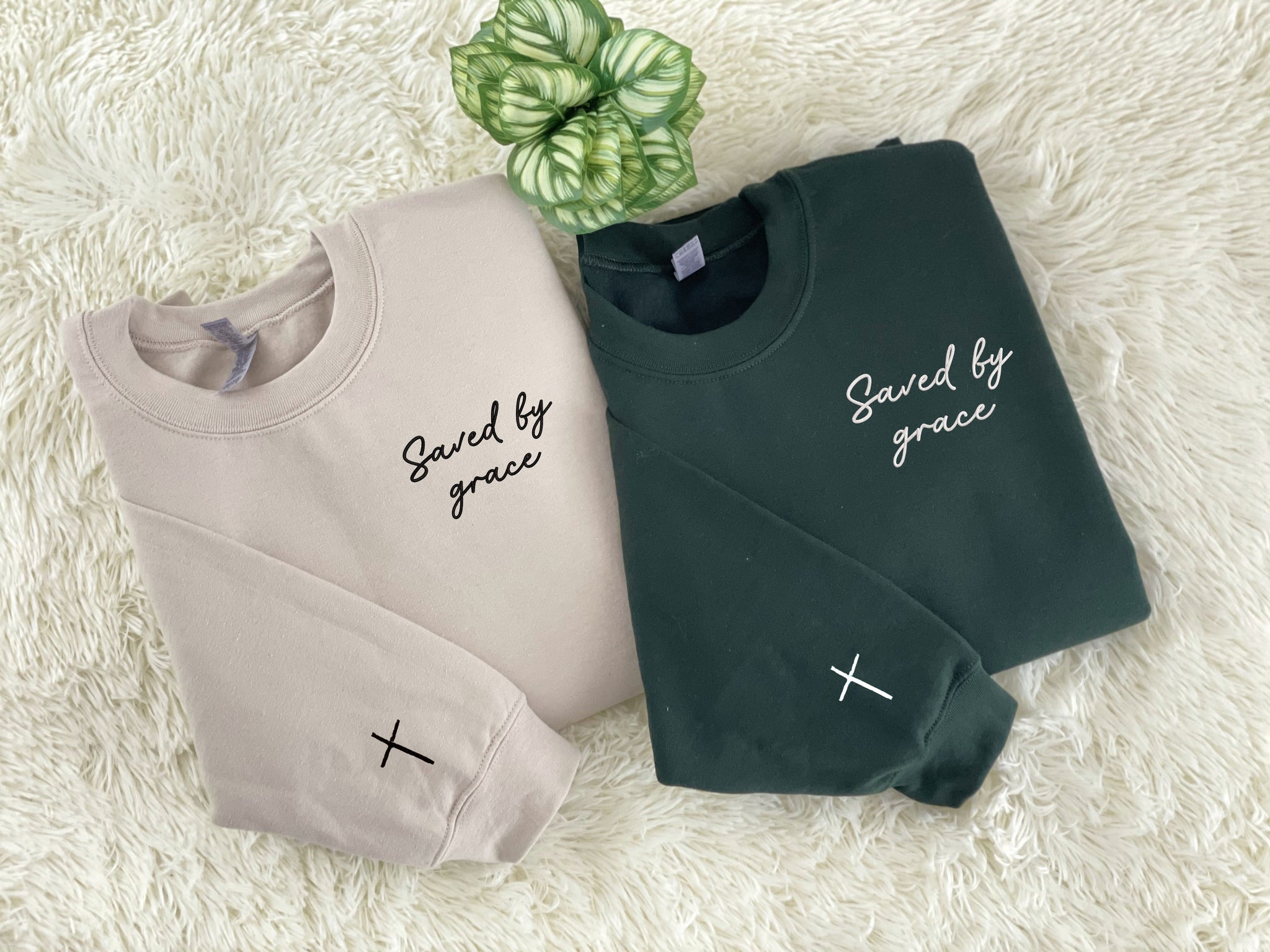 Saved by Grade Sweatshirt, Faith Sweatshirt Embroidered, Custom Cross on Sleeve, Christian Bible Verse Crewneck em4
